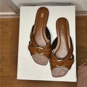 Zara Tan Leather Sandals with Gold Buckle